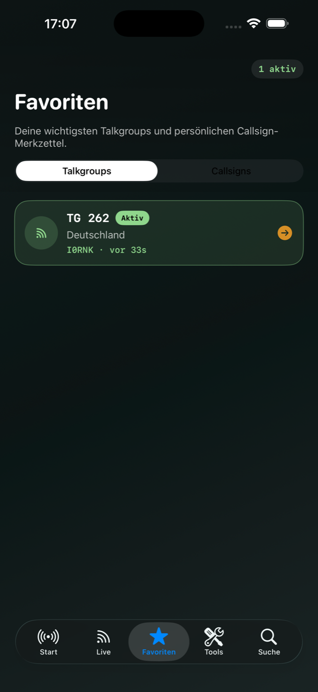Hose Live Favoritenansicht mit aktiven Talkgroups