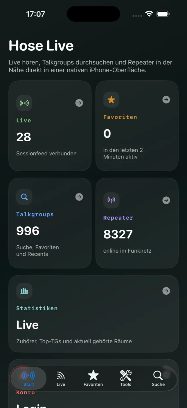 Startansicht mit Live, Favoriten, Talkgroups, Repeatern und Statistiken