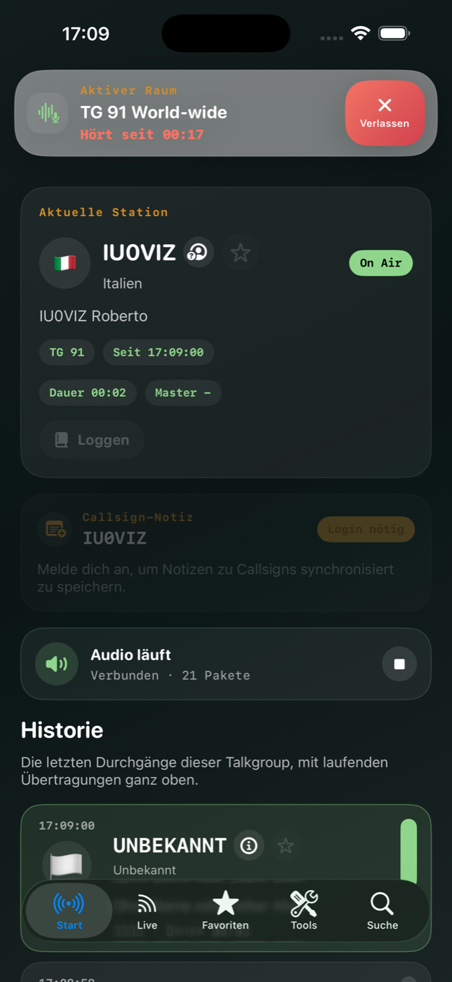 Hose Live aktiver Raum mit aktueller Station, Audio und Historie