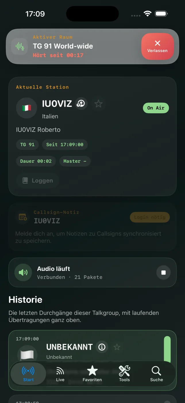 Hose Live: aktiver Talkgroup-Raum mit aktueller Station, Audio und Verlauf