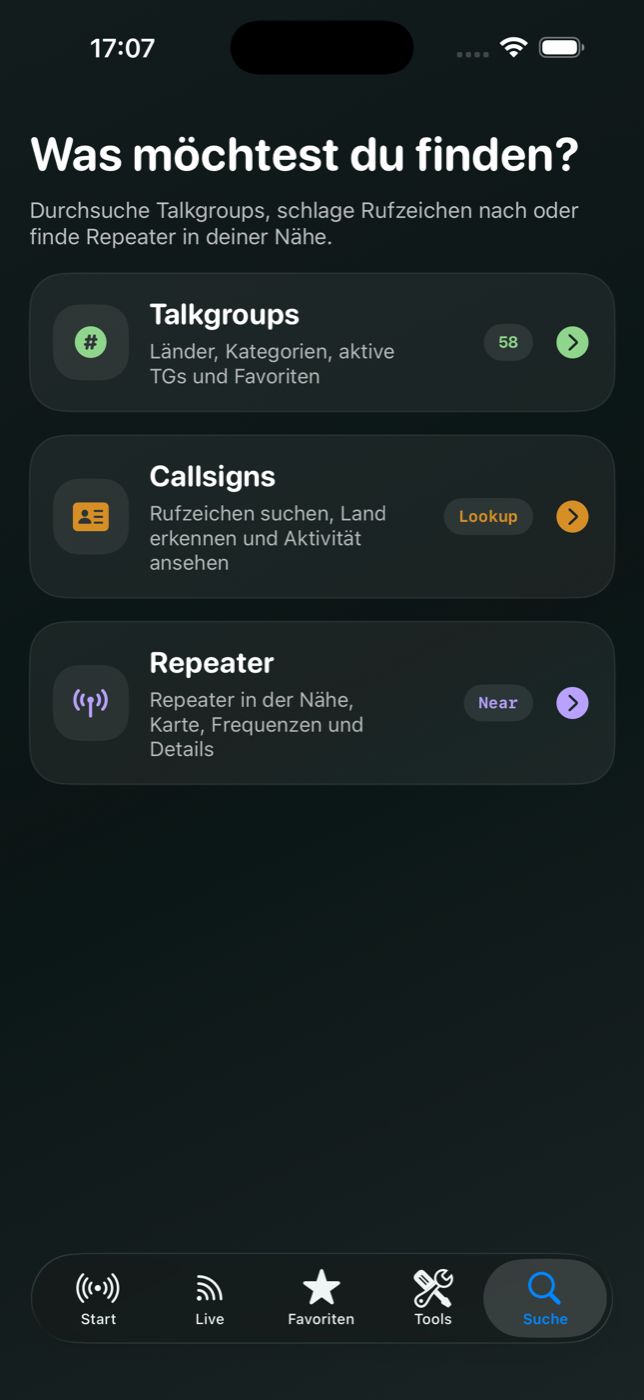 Hose Live Suche für Talkgroups, Callsigns und Repeater