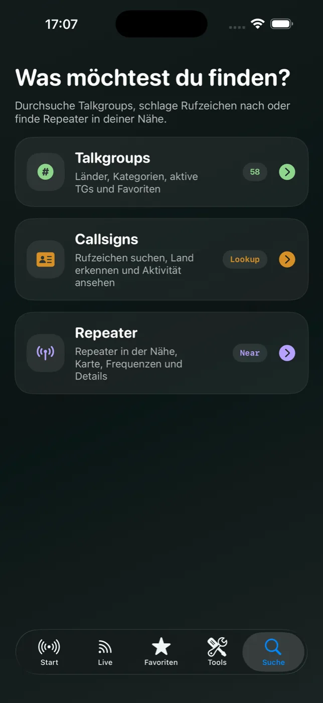 Suche für Talkgroups, Rufzeichen und Repeater