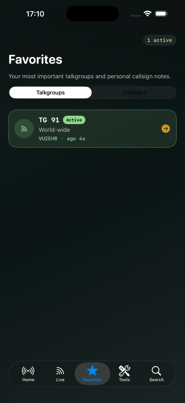 Hose Live favorites view with active talkgroups