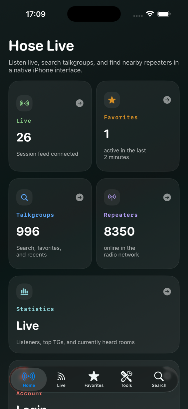 Hose Live home view with live, favorites, talkgroups, repeaters and statistics