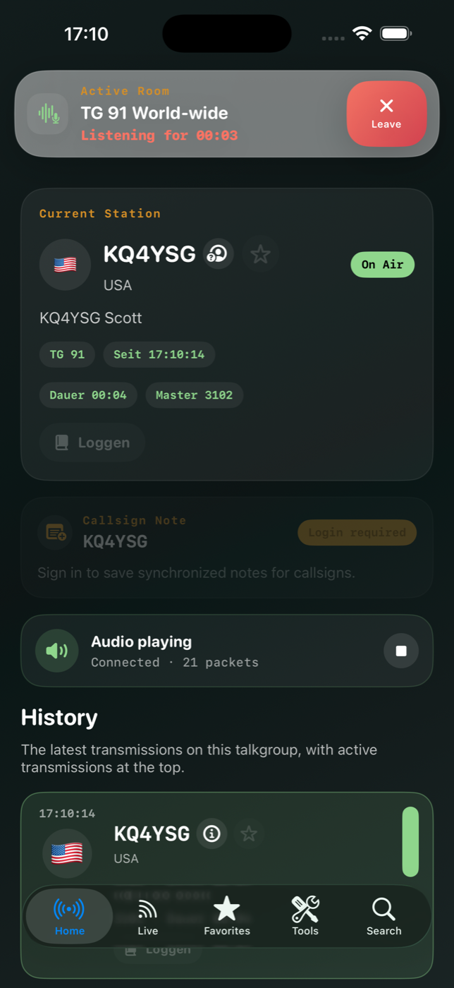 Hose Live search view for talkgroups, callsigns and repeaters
