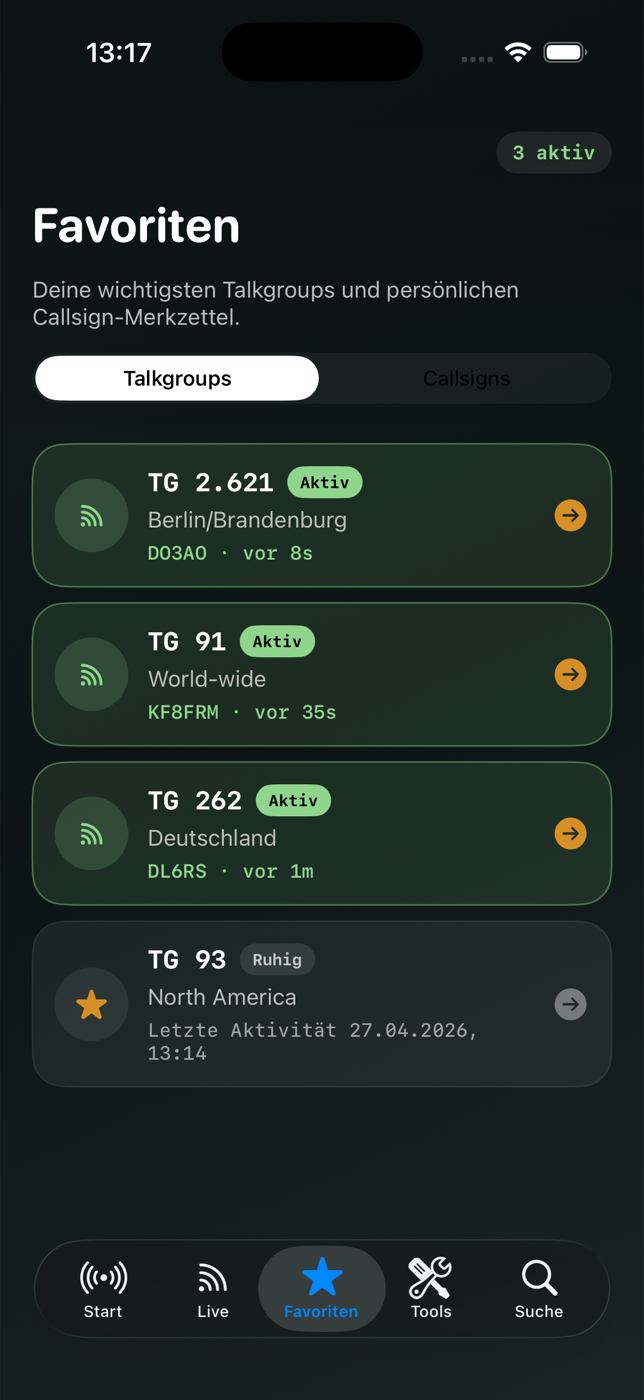Hose Live Favoritenansicht mit aktiven Talkgroups