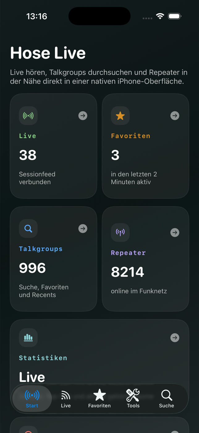 Hose Live Startansicht mit Live, Favoriten, Talkgroups, Repeater und Statistiken
