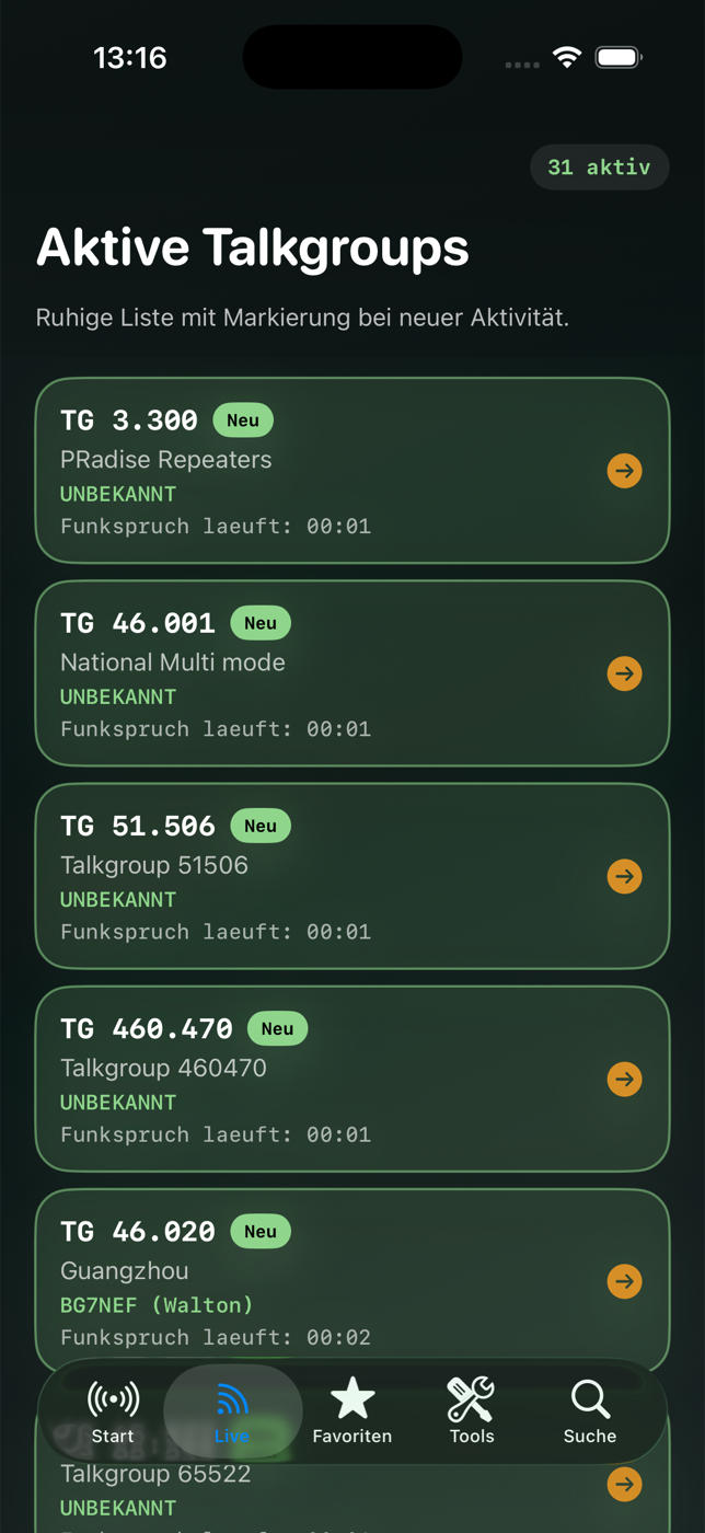 Hose Live Ansicht aktiver Talkgroups