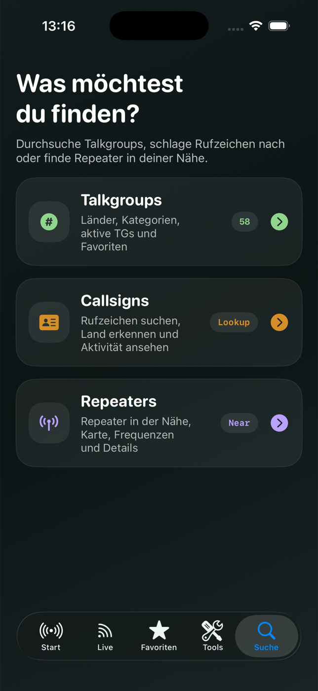 Hose Live Suche für Talkgroups, Callsigns und Repeater